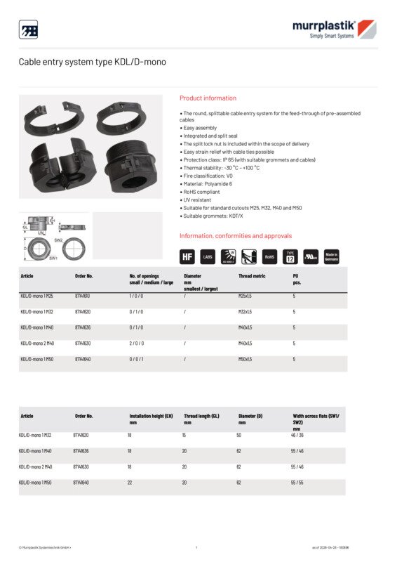 Cable entry system type KDL/D-mono – KDL/C, KDL/D and KDL/H cable