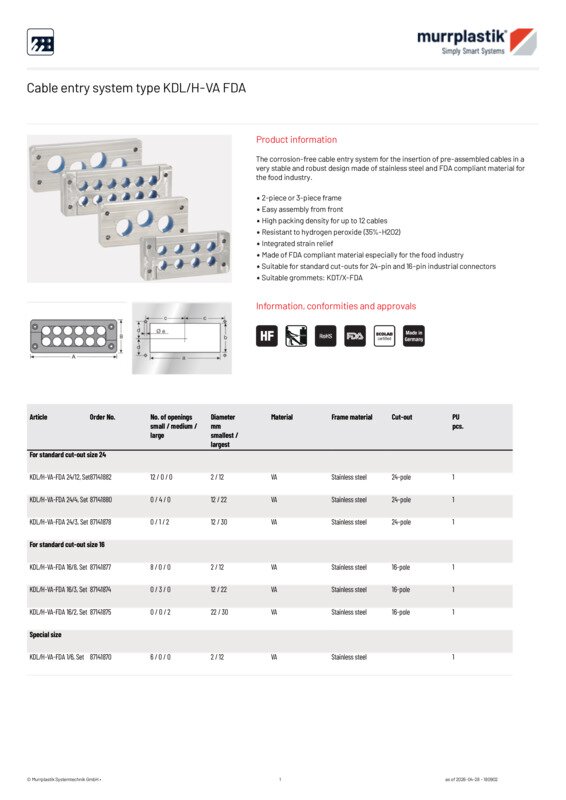 Cable entry system type KDL/H-VA FDA – KDL/C, KDL/D and KDL/H