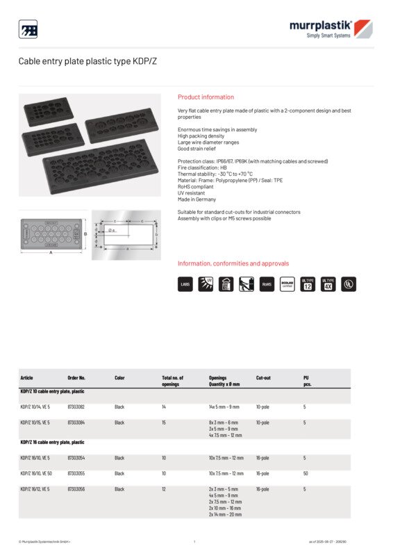 FCS II Performer Kirrflex Lサイズ 3枚セット Cable entry plate plastic type KDP/Z – Cable entry plate KDP